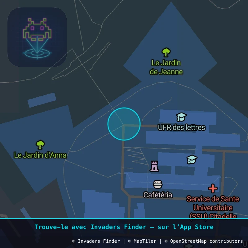 Zone approximative de l'invader AMI_07, dans le quartier Centre-ville, Amiens à Amiens. Emplacement exact disponible dans l'app Invaders Finder.