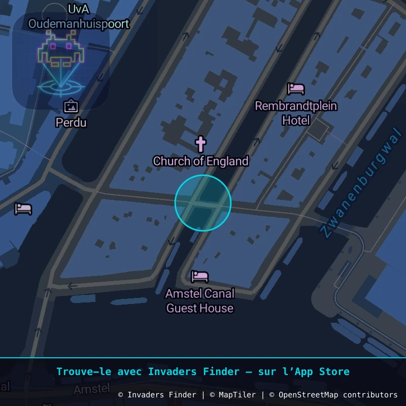 Zone approximative de l'invader AMS_01, dans le quartier Nieuwmarkt/Lastage, Amsterdam à Amsterdam. Emplacement exact disponible dans l'app Invaders Finder.