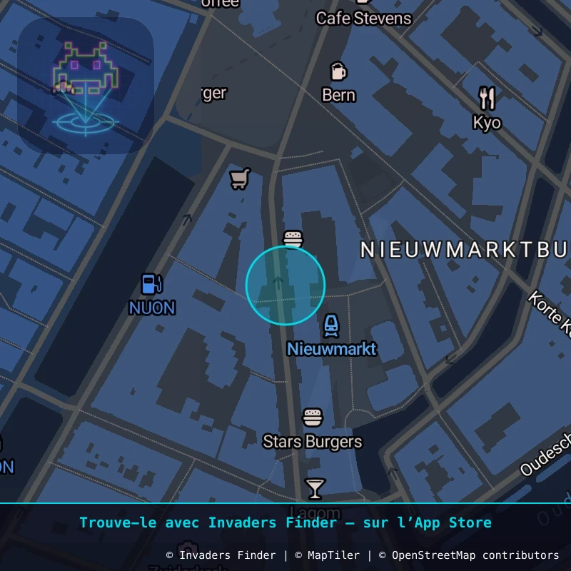 Zone approximative de l'invader AMS_03, dans le quartier Nieuwmarktbuurt, Amsterdam à Amsterdam. Emplacement exact disponible dans l'app Invaders Finder.