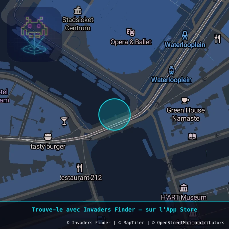 Zone approximative de l'invader AMS_12, dans le quartier Nieuwmarkt/Lastage à Amsterdam. Emplacement exact disponible dans l'app Invaders Finder.