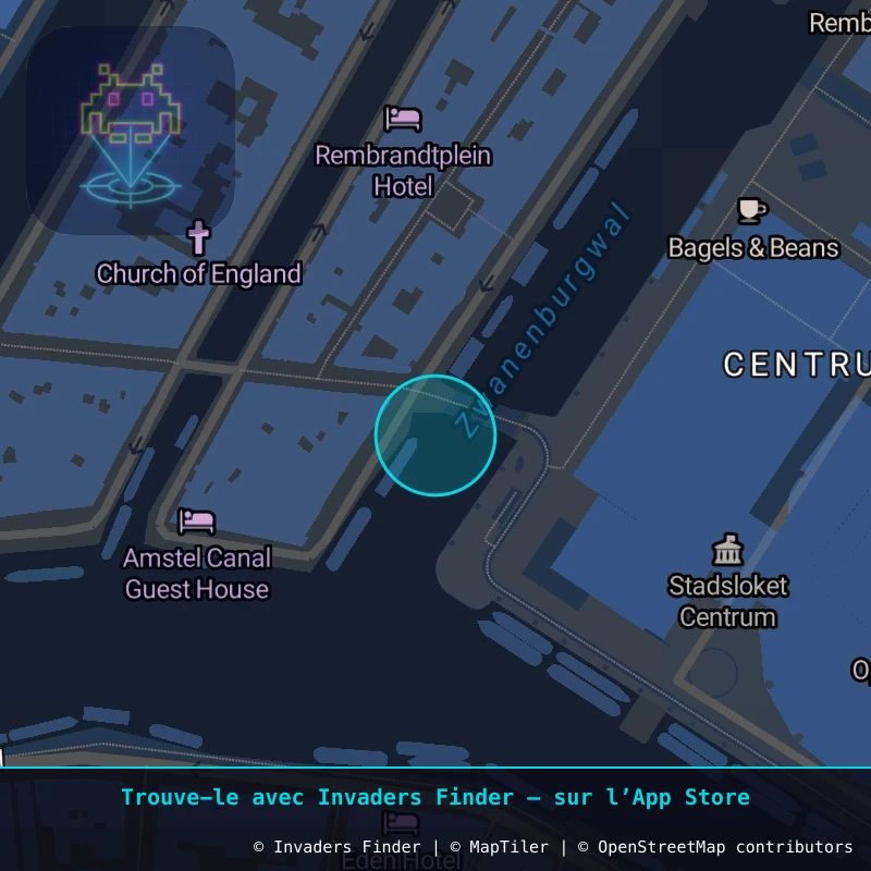 Zone approximative de l'invader AMS_13, dans le quartier Nieuwmarkt/Lastage à Amsterdam. Emplacement exact disponible dans l'app Invaders Finder.