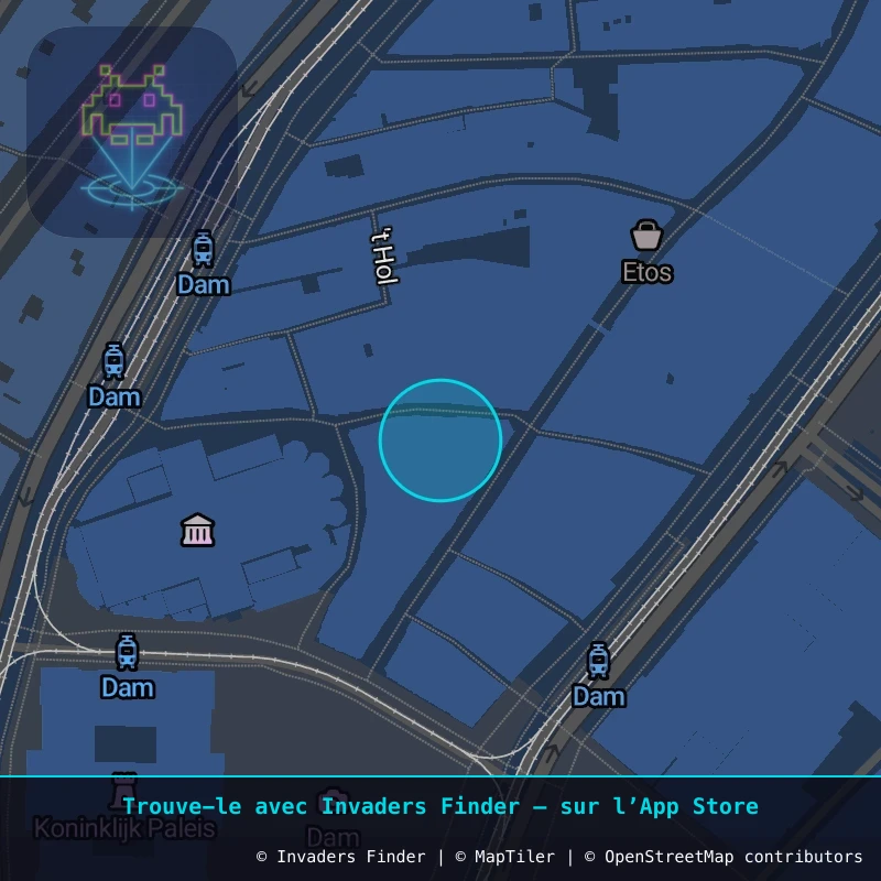 Zone approximative de l'invader AMS_14, dans le quartier Centre-ville, Amsterdam à Amsterdam. Emplacement exact disponible dans l'app Invaders Finder.