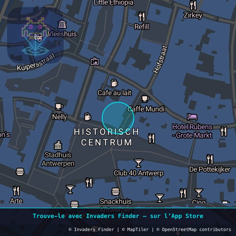 Zone approximative de l'invader ANVR_02, dans le quartier Centre historique d'Anvers à Anvers. Emplacement exact disponible dans l'app Invaders Finder.