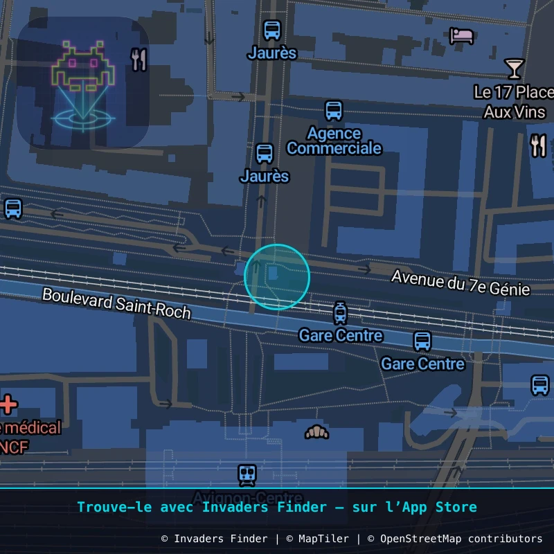 Zone approximative de l'invader AVI_17, dans le quartier Quartier Centre, Avignon à Avignon. Emplacement exact disponible dans l'app Invaders Finder.