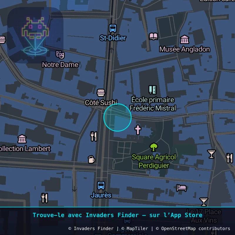 Zone approximative de l'invader AVI_18, dans le quartier Quartier Centre, Avignon à Avignon. Emplacement exact disponible dans l'app Invaders Finder.
