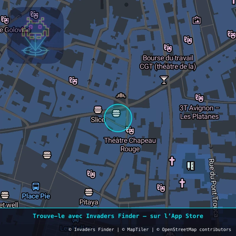Zone approximative de l'invader AVI_20, dans le quartier Quartier Centre, Avignon à Avignon. Emplacement exact disponible dans l'app Invaders Finder.