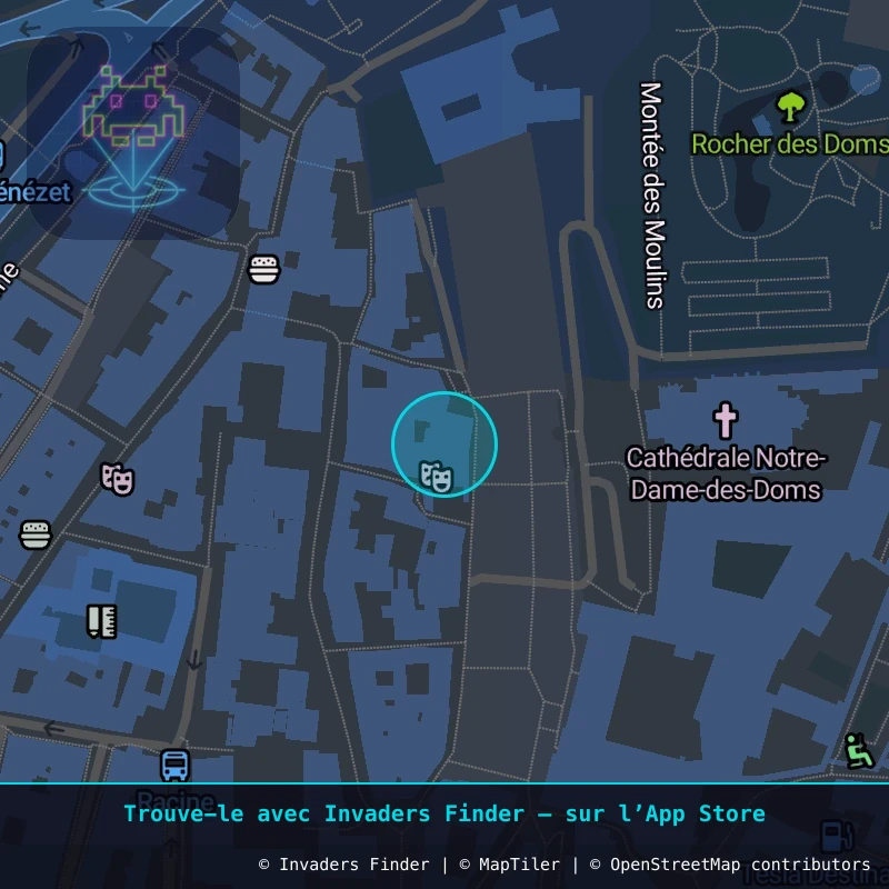 Zone approximative de l'invader AVI_24, dans le quartier Jaurès - République à Avignon. Emplacement exact disponible dans l'app Invaders Finder.