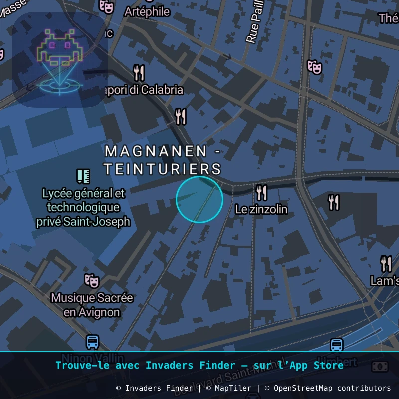 Zone approximative de l'invader AVI_25, dans le quartier Magnanen - Teinturiers à Avignon. Emplacement exact disponible dans l'app Invaders Finder.