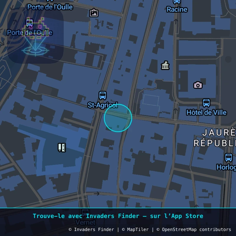 Zone approximative de l'invader AVI_32, dans le quartier Jaurès - République à Avignon. Emplacement exact disponible dans l'app Invaders Finder.