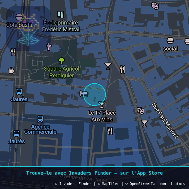 Zone approximative de l'invader AVI_33, dans le quartier Jaurès - République, Avignon à Avignon. Emplacement exact disponible dans l'app Invaders Finder.