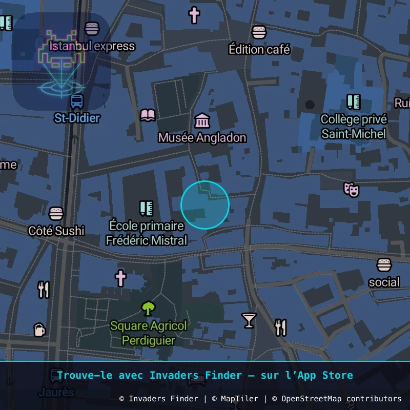 Zone approximative de l'invader AVI_35, dans le quartier Jaurès - République, Avignon à Avignon. Emplacement exact disponible dans l'app Invaders Finder.