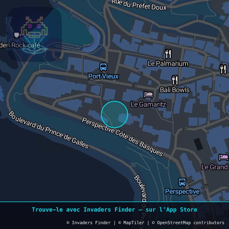 Zone approximative de l'invader BAB_05, dans le quartier Centre-ville, Biarritz à Biarritz-Anglet-Bayonne. Emplacement exact disponible dans l'app Invaders Finder.