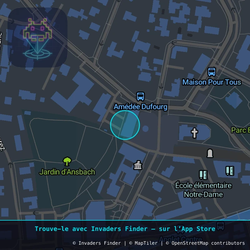 Zone approximative de l'invader BAB_10, dans le quartier Saint Jean, Anglet à Biarritz-Anglet-Bayonne. Emplacement exact disponible dans l'app Invaders Finder.