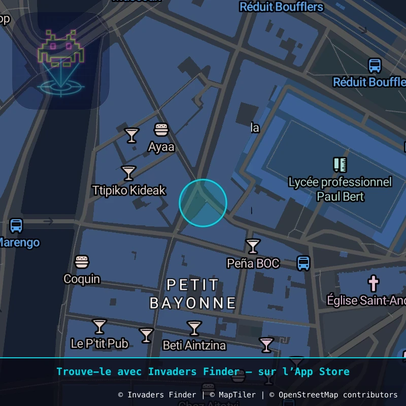 Zone approximative de l'invader BAB_26, dans le quartier Petit Bayonne, Bayonne à Biarritz-Anglet-Bayonne. Emplacement exact disponible dans l'app Invaders Finder.