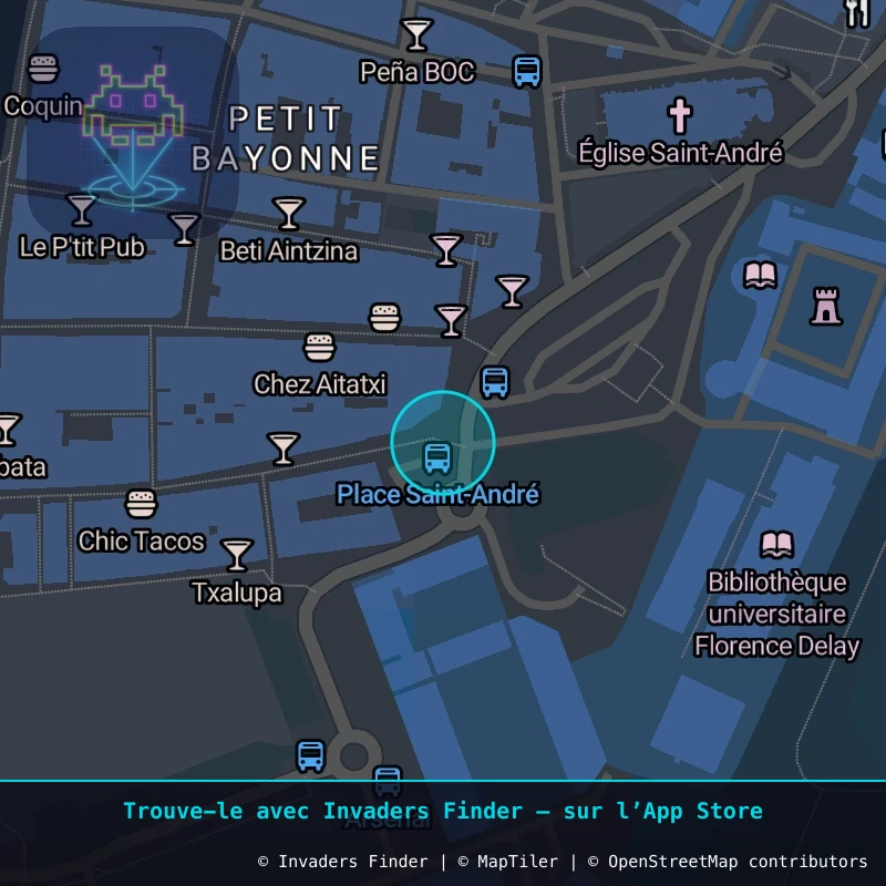 Zone approximative de l'invader BAB_27, dans le quartier Petit Bayonne, Bayonne à Biarritz-Anglet-Bayonne. Emplacement exact disponible dans l'app Invaders Finder.