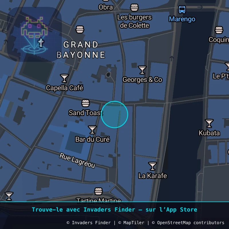 Zone approximative de l'invader BAB_29, dans le quartier Grand Bayonne à Biarritz-Anglet-Bayonne. Emplacement exact disponible dans l'app Invaders Finder.
