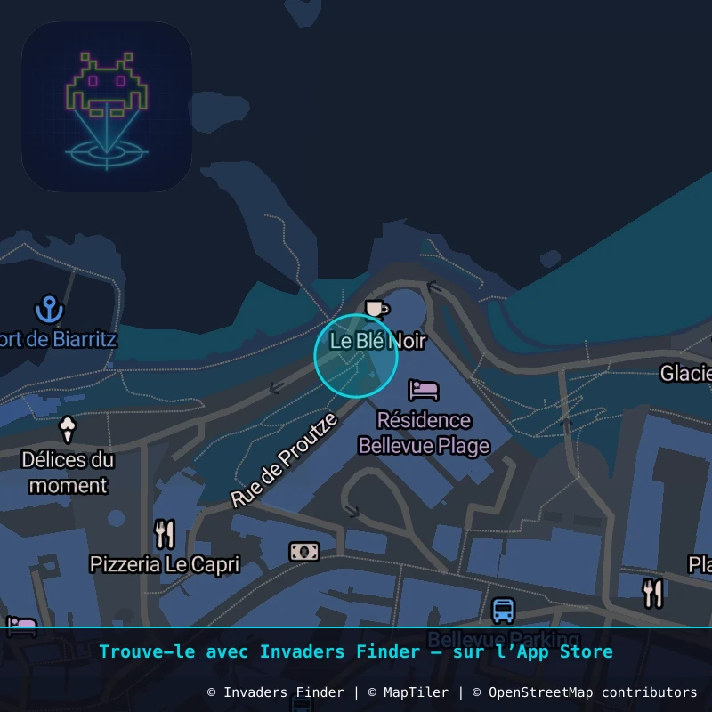 Zone approximative de l'invader BAB_38, dans le quartier Aguiléra, Biarritz à Biarritz-Anglet-Bayonne. Emplacement exact disponible dans l'app Invaders Finder.