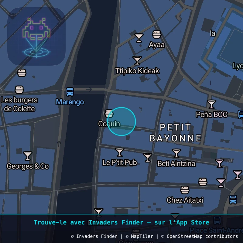 Zone approximative de l'invader BAB_45, dans le quartier Petit Bayonne, Bayonne à Biarritz-Anglet-Bayonne. Emplacement exact disponible dans l'app Invaders Finder.