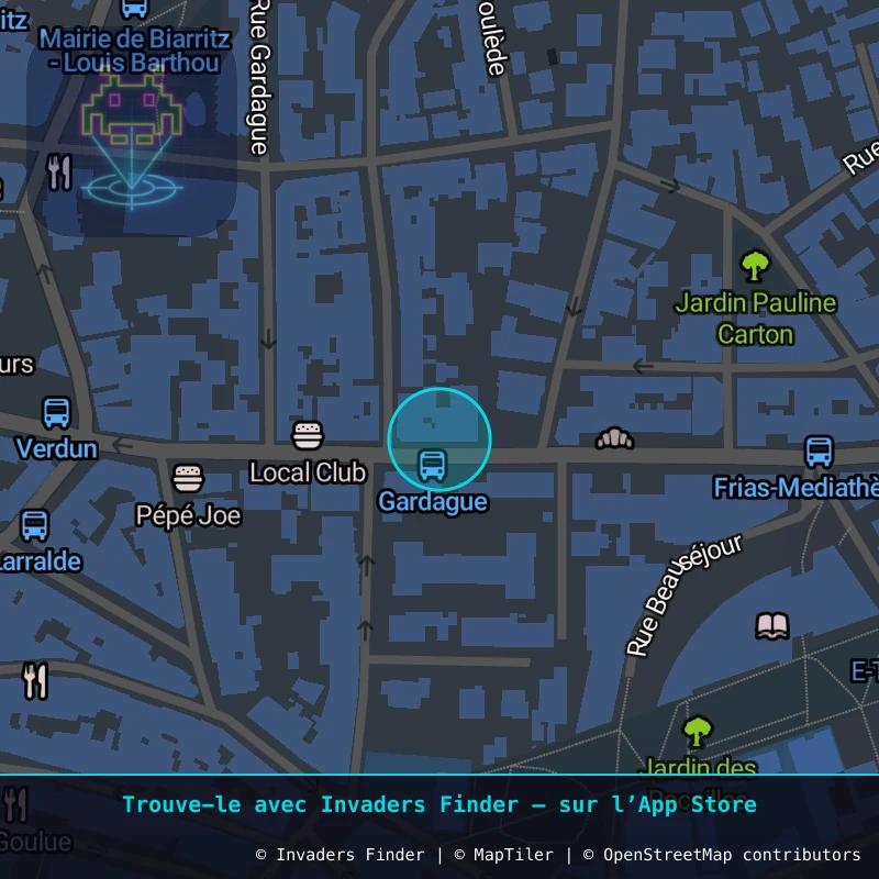 Zone approximative de l'invader BAB_47, dans le quartier Aguiléra, Biarritz à Biarritz-Anglet-Bayonne. Emplacement exact disponible dans l'app Invaders Finder.