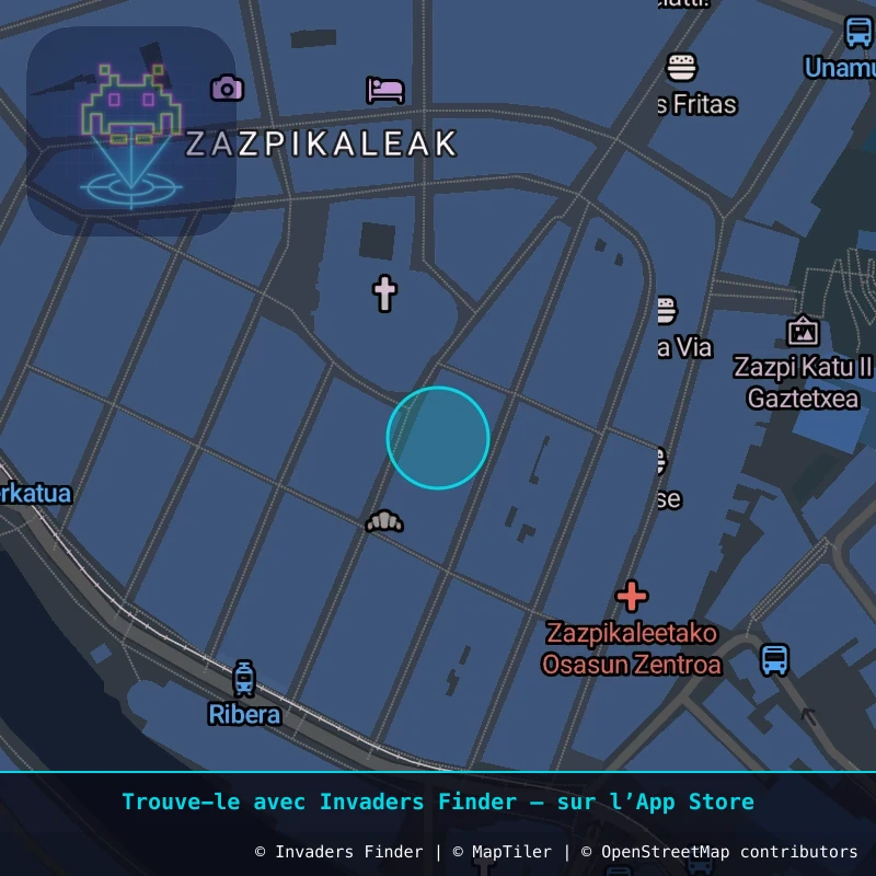 Zone approximative de l'invader BBO_11, dans le quartier Casco Viejo, Bilbao à Bilbao. Emplacement exact disponible dans l'app Invaders Finder.
