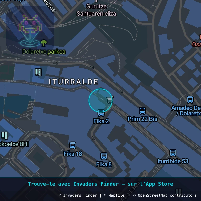 Zone approximative de l'invader BBO_13, dans le quartier Iturralde, Bilbao à Bilbao. Emplacement exact disponible dans l'app Invaders Finder.