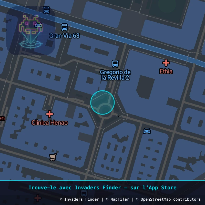 Zone approximative de l'invader BBO_18, dans le quartier Indautxu, Bilbao à Bilbao. Emplacement exact disponible dans l'app Invaders Finder.