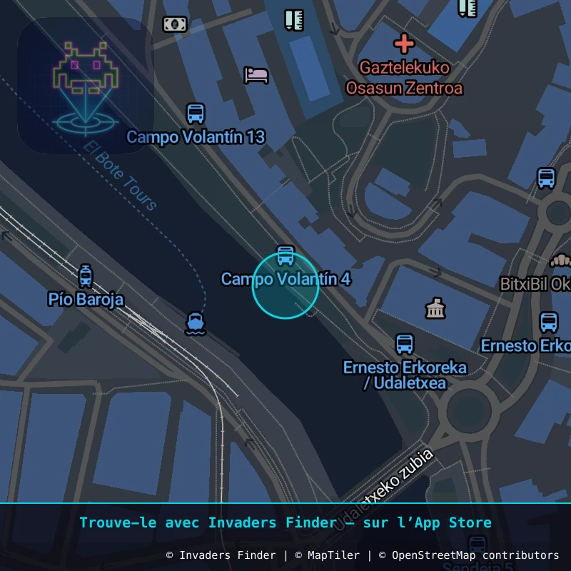 Zone approximative de l'invader BBO_33, dans le quartier Castaños, Bilbao à Bilbao. Emplacement exact disponible dans l'app Invaders Finder.