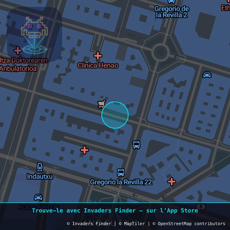 Zone approximative de l'invader BBO_36, dans le quartier Indautxu, Bilbao à Bilbao. Emplacement exact disponible dans l'app Invaders Finder.