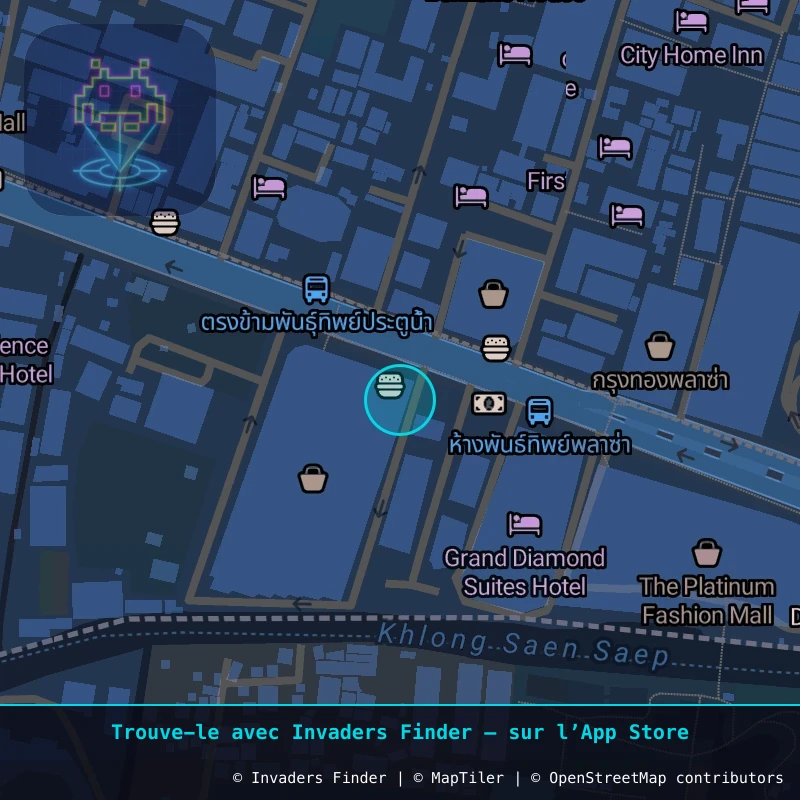 Zone approximative de l'invader BGK_12, dans le quartier Pthum Wan à Bangkok. Emplacement exact disponible dans l'app Invaders Finder.