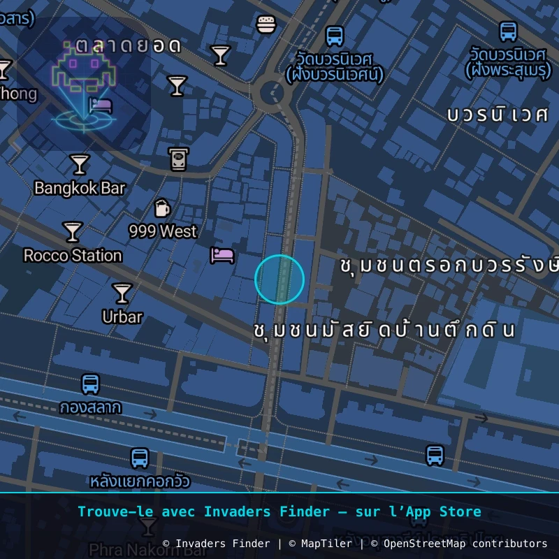 Zone approximative de l'invader BGK_38, dans le quartier Chumchon Lang Wat Rajanadda à Bangkok. Emplacement exact disponible dans l'app Invaders Finder.