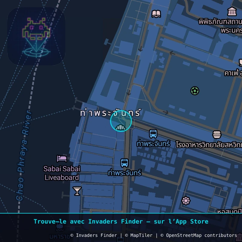 Zone approximative de l'invader BGK_44, dans le quartier Chumchon Lang Wat Rajanadda à Bangkok. Emplacement exact disponible dans l'app Invaders Finder.