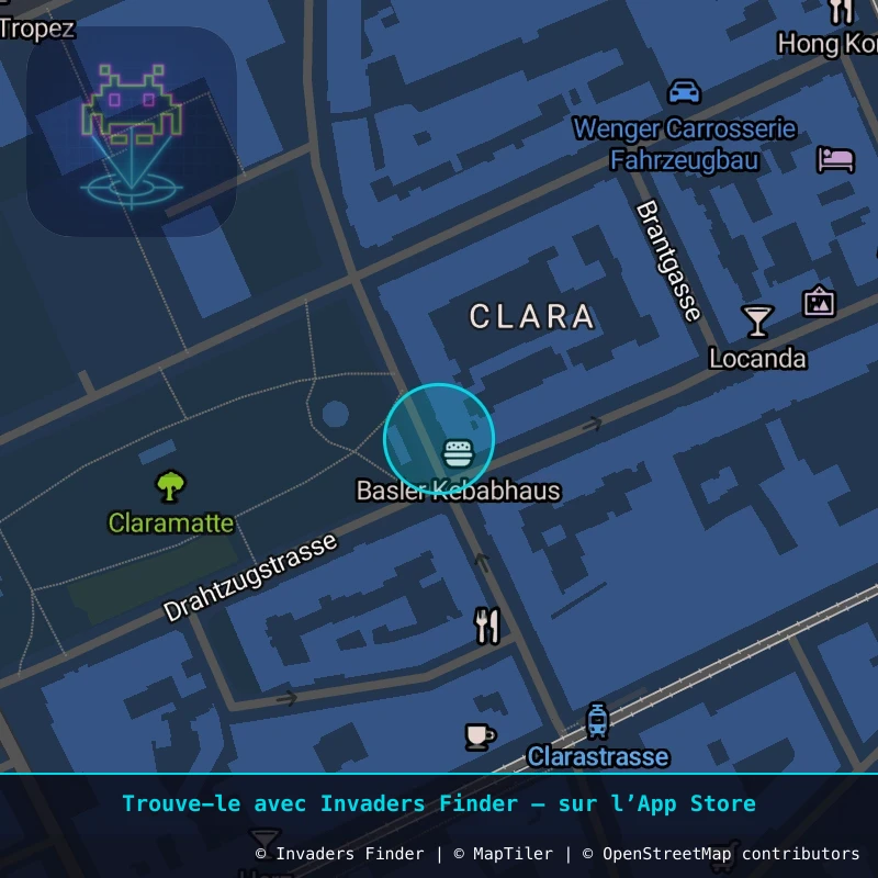 Zone approximative de l'invader BSL_04, dans le quartier Vorstädte, Bâle à Bâle. Emplacement exact disponible dans l'app Invaders Finder.