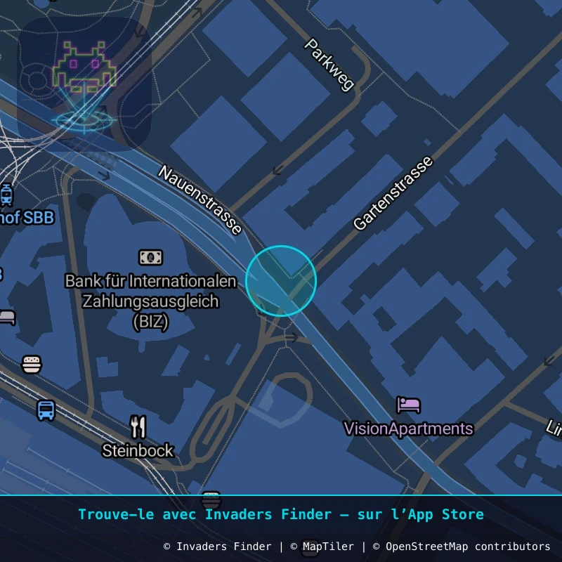 Zone approximative de l'invader BSL_10, dans le quartier Vorstädte, Bâle à Bâle. Emplacement exact disponible dans l'app Invaders Finder.