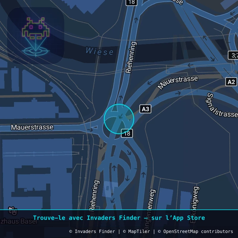 Zone approximative de l'invader BSL_11, dans le quartier Erlenmatt, Bâle à Bâle. Emplacement exact disponible dans l'app Invaders Finder.