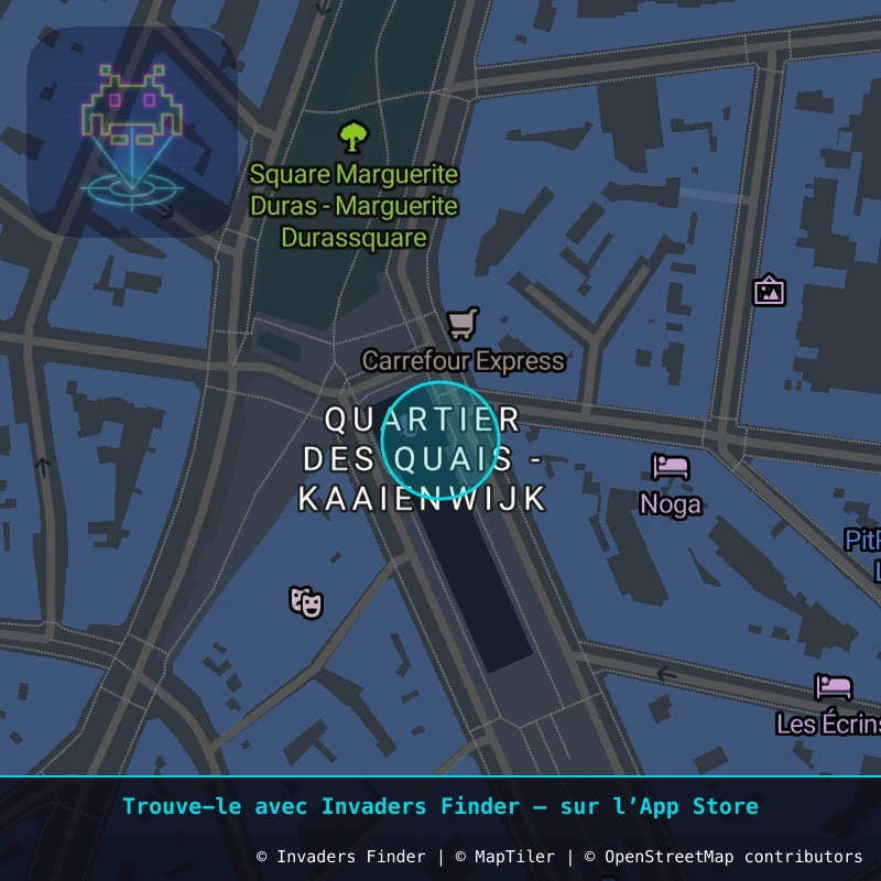 Zone approximative de l'invader BXL_01, dans le quartier Quartier des Quais à Bruxelles. Emplacement exact disponible dans l'app Invaders Finder.