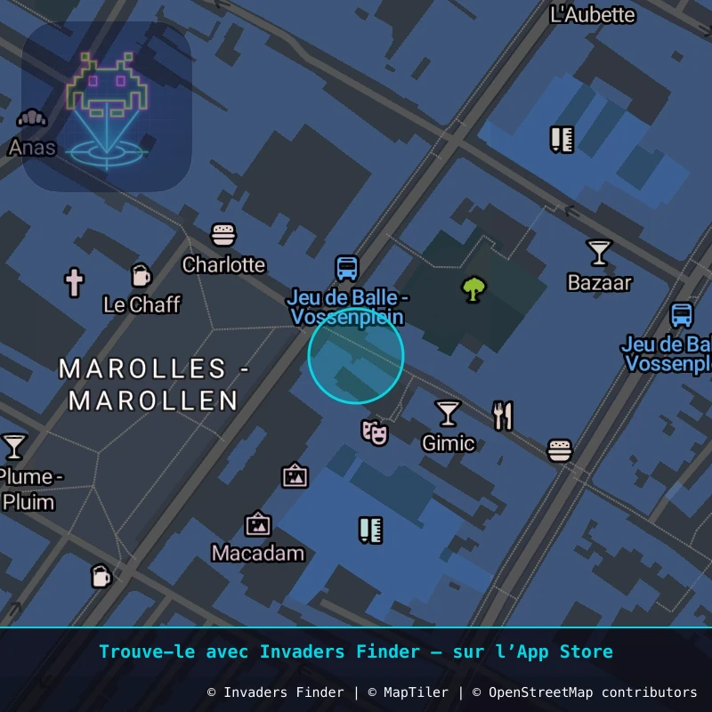 Zone approximative de l'invader BXL_04, dans le quartier Quartier des Quais à Bruxelles. Emplacement exact disponible dans l'app Invaders Finder.