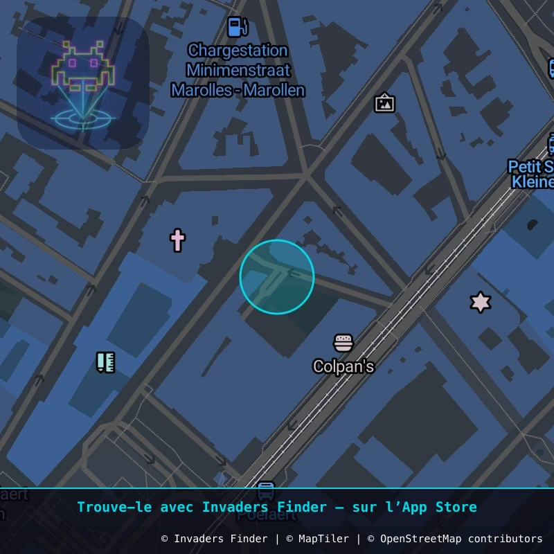 Zone approximative de l'invader BXL_07, dans le quartier Quartier des Quais à Bruxelles. Emplacement exact disponible dans l'app Invaders Finder.
