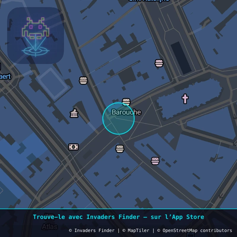 Zone approximative de l'invader BXL_11, dans le quartier Quartier des Quais à Bruxelles. Emplacement exact disponible dans l'app Invaders Finder.