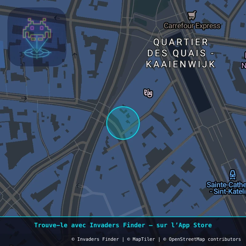 Zone approximative de l'invader BXL_12, dans le quartier Quartier des Quais à Bruxelles. Emplacement exact disponible dans l'app Invaders Finder.