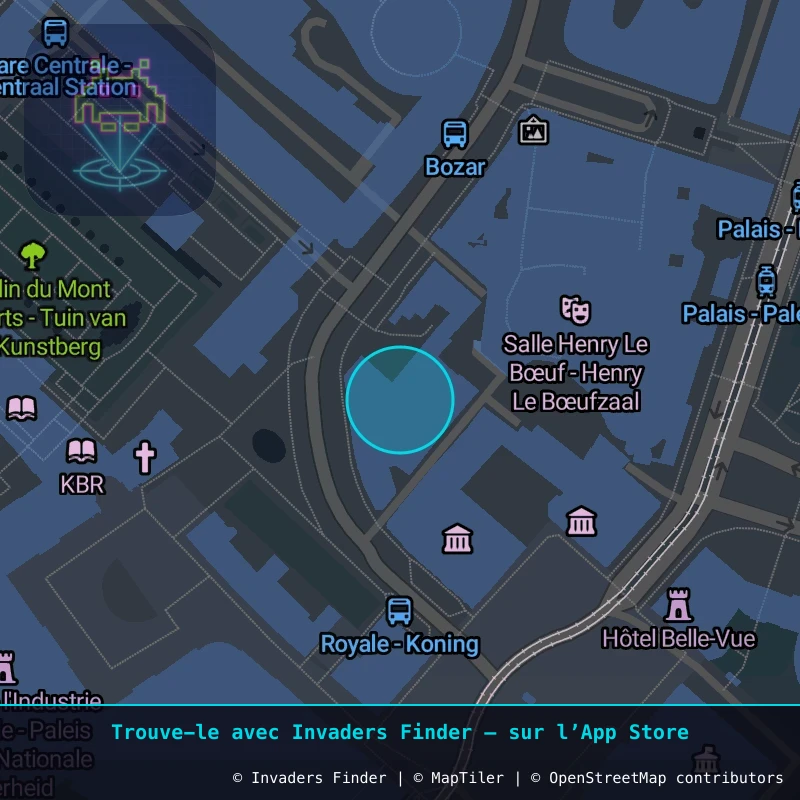 Zone approximative de l'invader BXL_18, dans le quartier Quartier des Quais à Bruxelles. Emplacement exact disponible dans l'app Invaders Finder.