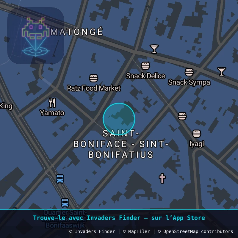 Zone approximative de l'invader BXL_19, dans le quartier Saint-Gilles à Bruxelles. Emplacement exact disponible dans l'app Invaders Finder.