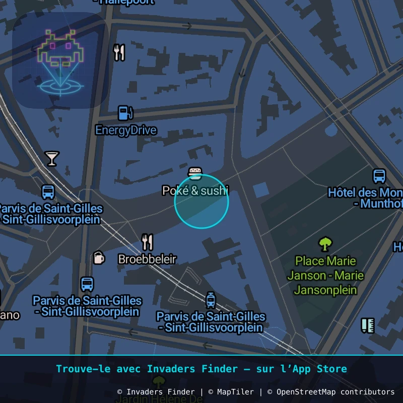 Zone approximative de l'invader BXL_29, dans le quartier Saint-Gilles à Bruxelles. Emplacement exact disponible dans l'app Invaders Finder.