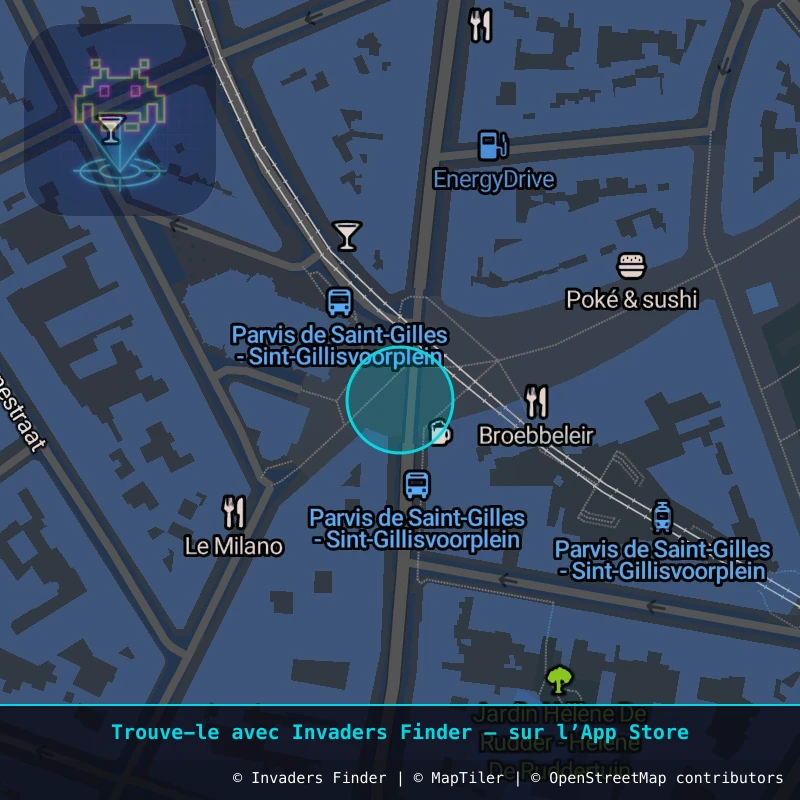 Zone approximative de l'invader BXL_30, dans le quartier Saint-Gilles à Bruxelles. Emplacement exact disponible dans l'app Invaders Finder.