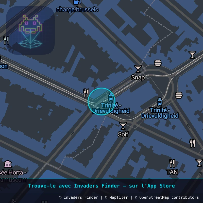 Zone approximative de l'invader BXL_32, dans le quartier Saint-Gilles à Bruxelles. Emplacement exact disponible dans l'app Invaders Finder.