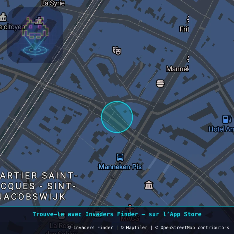 Zone approximative de l'invader BXL_37, dans le quartier Quartier des Quais à Bruxelles. Emplacement exact disponible dans l'app Invaders Finder.