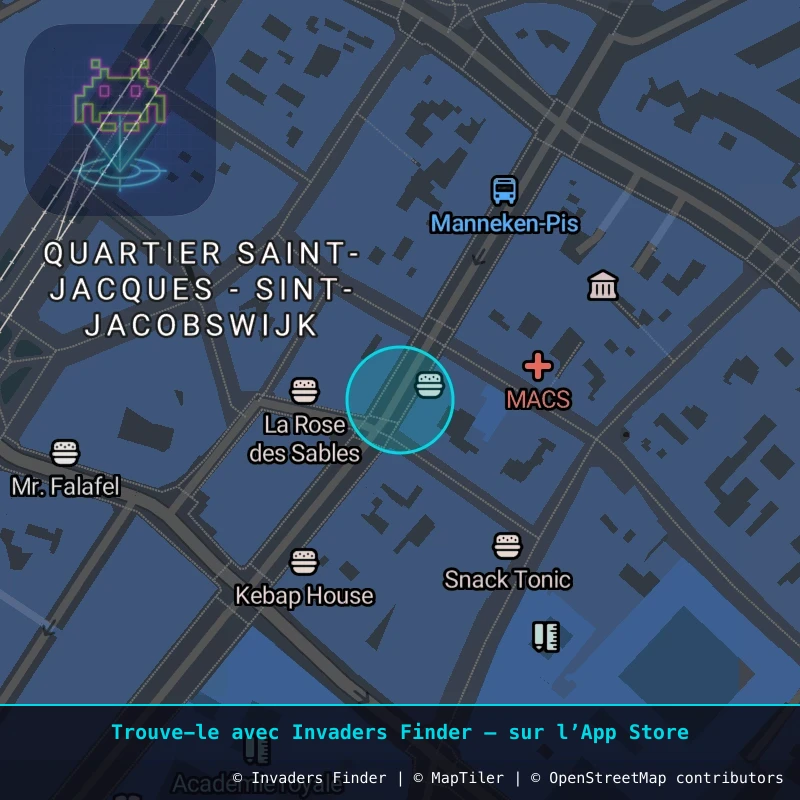 Zone approximative de l'invader BXL_40, dans le quartier Quartier des Quais à Bruxelles. Emplacement exact disponible dans l'app Invaders Finder.