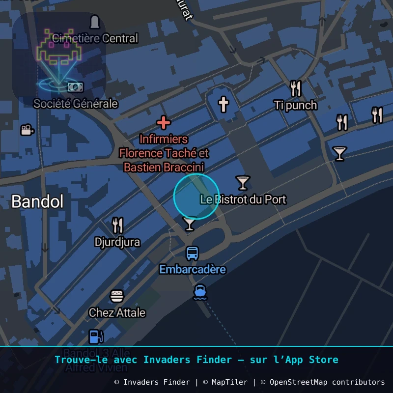 Zone approximative de l'invader CAZ_02, dans le quartier La Plaine de Gairard, Bandol à Côte d'Azur. Emplacement exact disponible dans l'app Invaders Finder.