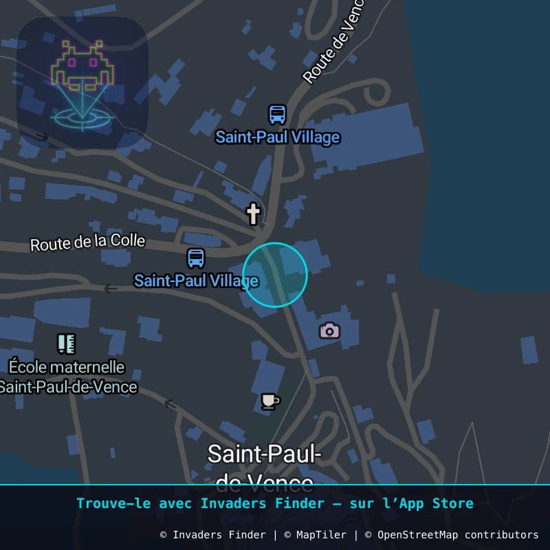 Zone approximative de l'invader CAZ_08, dans le quartier Saint-Paul-de-Vence à Côte d'Azur. Emplacement exact disponible dans l'app Invaders Finder.