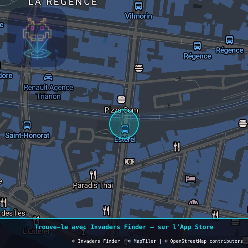 Zone approximative de l'invader CAZ_09, dans le quartier La Régence, Juan-les-Pins à Côte d'Azur. Emplacement exact disponible dans l'app Invaders Finder.