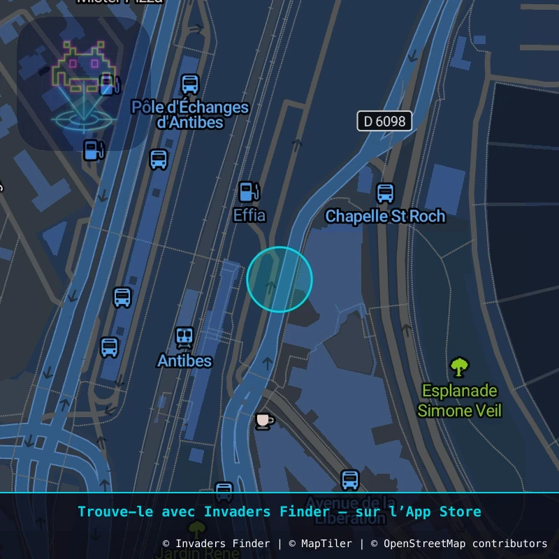 Zone approximative de l'invader CAZ_11, dans le quartier La Régence, Juan-les-Pins à Côte d'Azur. Emplacement exact disponible dans l'app Invaders Finder.